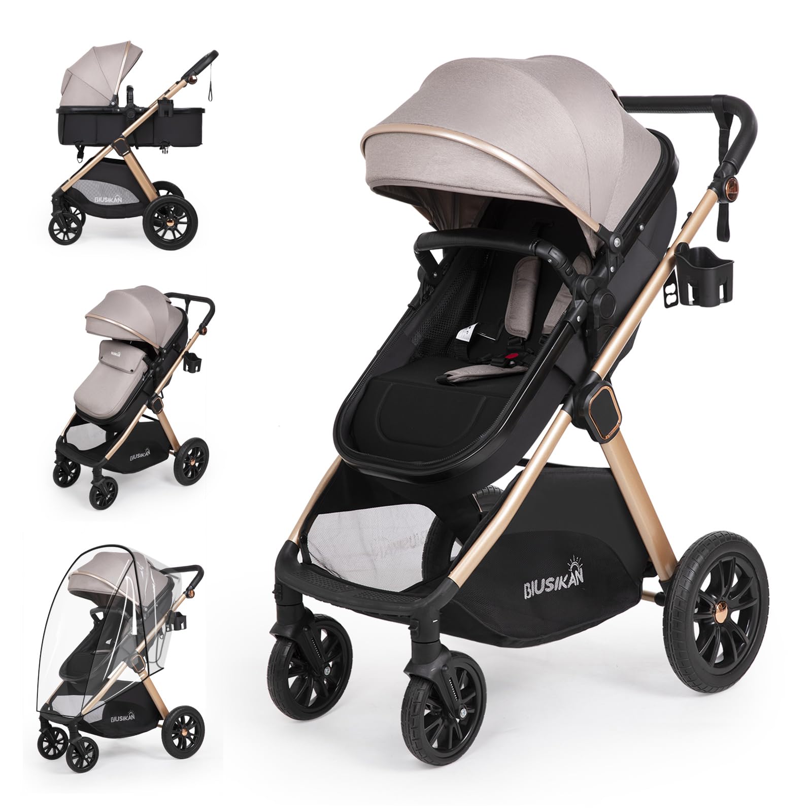 6-in-1 Convertible Baby Stroller with Bassinet Mode - Toddler Stroller w/Footmuff, Rain Cover, Cup Holder & Large Storage, Newborn Stroller w/All-Scene Large Wheels, Reversible Seat(Grey)
