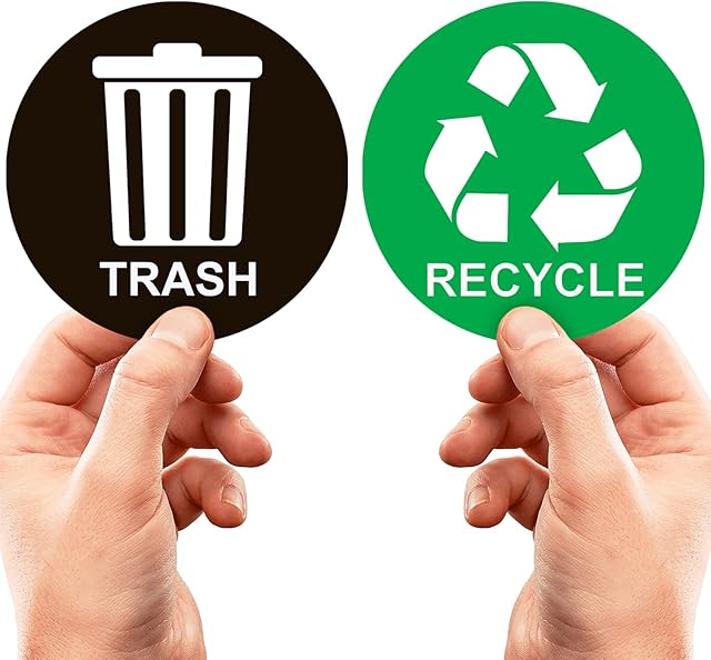 Recycle Sticker for Bin - Perfect Bin Stickers For Refuse Cans - 5" by 5" - Ideal Bin Signs for use in Home or Office - Suitable for Indoor or Outdoor use - 2 Pack - Green for Recycle, Black for Trash