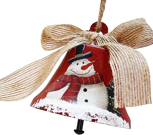 Miniatura 7 de Juego de 2 adornos colgantes de cascabel de Navidad, 3.5 x 3.15 pulgadas, rústico, árbol de Navidad, muñeco de nieve, decoración de campana, adorno
