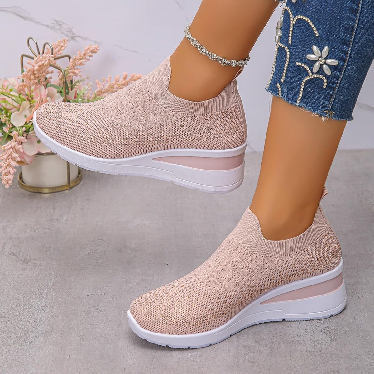 Tenis de cuña transpirables con diamantes de imitación brillantes para mujer, de malla, sin cordones, con plataforma de cuña ortopédica, brillantes para boda, zapatos de tenis de punto para novia