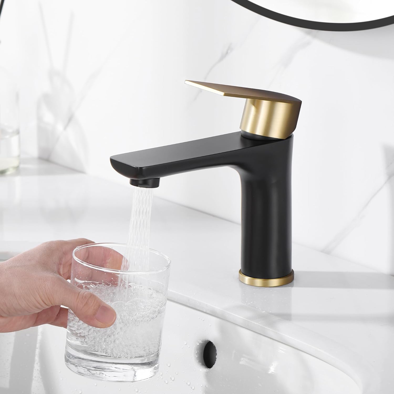 SUMERAIN Modern 304 Stainless Steel Bathroom Faucet Lead-Free Vanity Sink Faucet Black&Gold Single Handle Washbasin Faucet