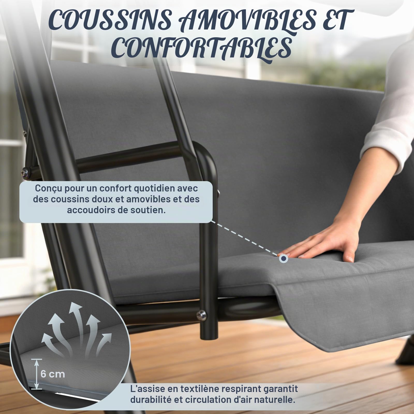 Huracan Balancelle de jardin 3 places avec toit pare-soleil réglable, pieds antidérapants, résistante aux intempéries, construction en métal robuste, banc à bascule extérieur, 193 x 110 x 152 cm