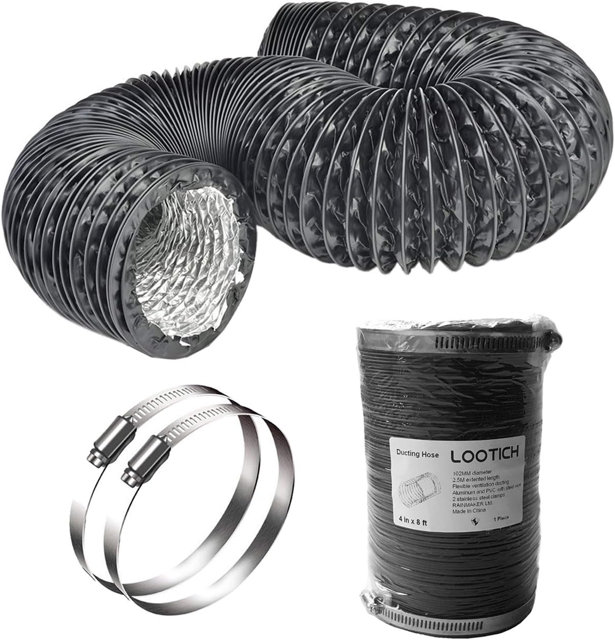 Strong 4" Air Duct 8 FT Long Black PVC Flexible Aluminum Ducting with 2 Stainless Steel Clamps 4 Layer HVAC Ventilation Hose for Grow Tents Dryer Rooms House Vent Register Lines