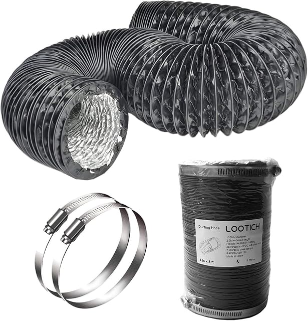 LOOTICH Rura elastyczna z aluminium i PCW, 102 mm średnicy, 2,5 m długości, wąż powietrza wylotowego, do łazienki, kuchni, hydroponiki, wentylacji HVAC, 2 obejmy do węża ze stali nierdzewnej, czarny