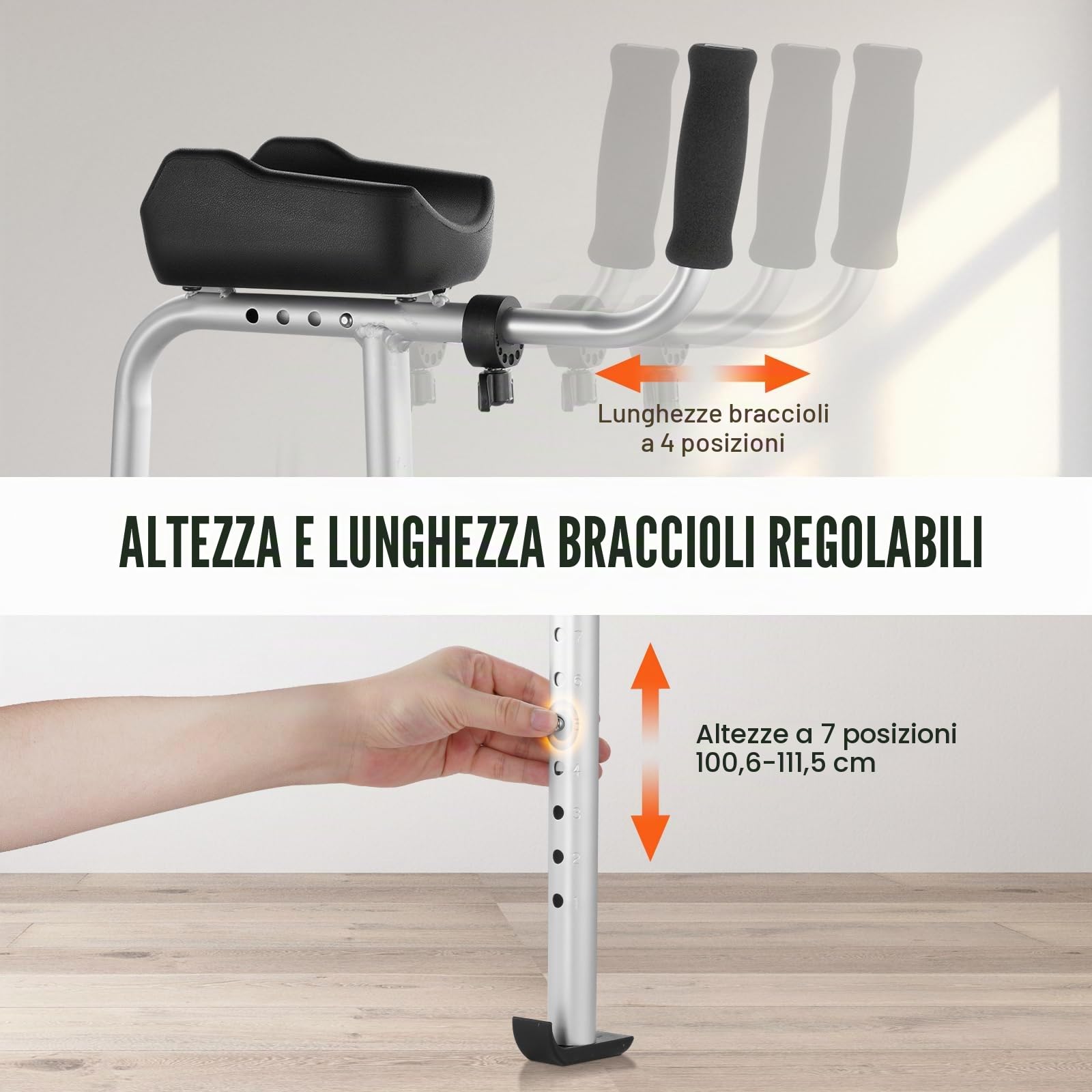 VEVOR Deambulatore Pieghevole 2 in 1 Ausilio per Mobilità con Ruote Anteriori, Braccioli Rimovibili, Altezza Regolabile con Ruote Solide da 127 mm Alluminio Leggero, per Anziani Disabili, 204,11 kg