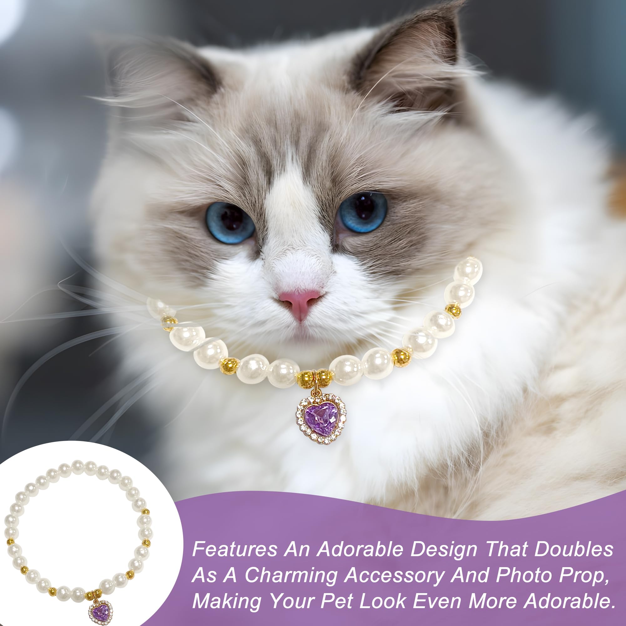 QACUU 2pcs Vintage Cute Cat Necklace Elegant Pearl Collar Set including Heart Crystal Pendant - Image 3