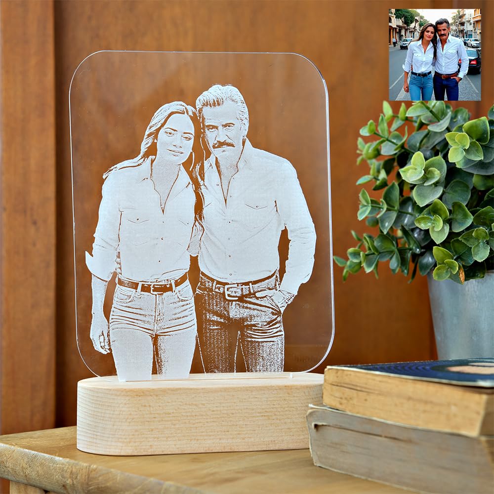Lampe Personnalisée Gravée avec Photo et Veilleuse 3D – Cadeau Original pour Anniversaire, Saint-Valentin et Fête – Idéale pour Couples, Amis et Famille (Blanc chaud)