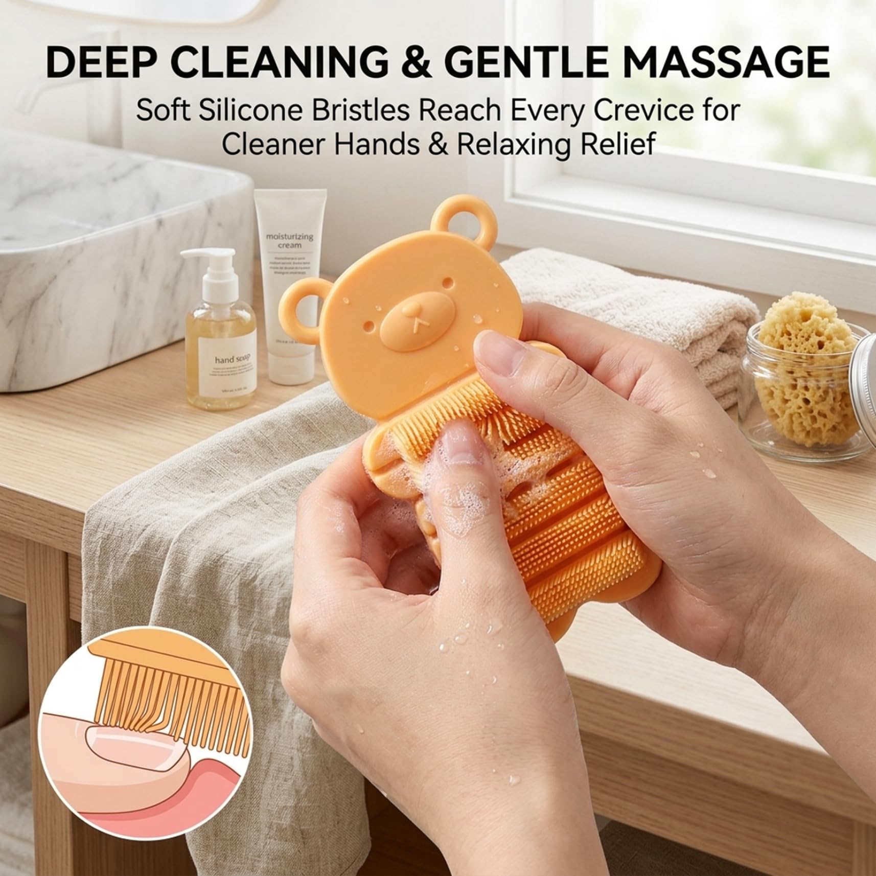 Cepillo de uñas para niños, cerdas suaves, cepillo suave para fregar uñas para niños pequeños, lindo diseño de oso para fomentar el lavado de manos, amarillo, limpieza