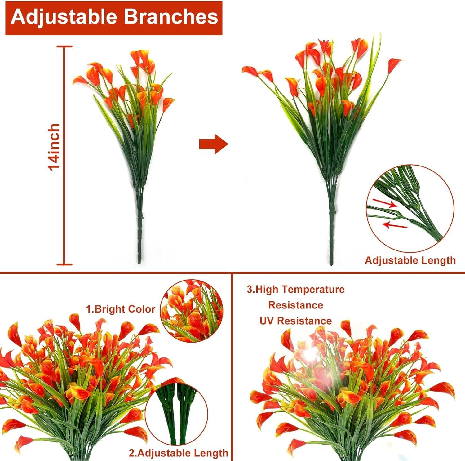 TURNMEON 12 Bundles Calla Lily (240 Heads) Artificial Flowers for Outdoors, Fake Plants UV Resistant Faux Plastic Fake Flowers for Indoor Home Porch Yards Summer Cemetery Spring Decor(Orange Red) - Image 2
