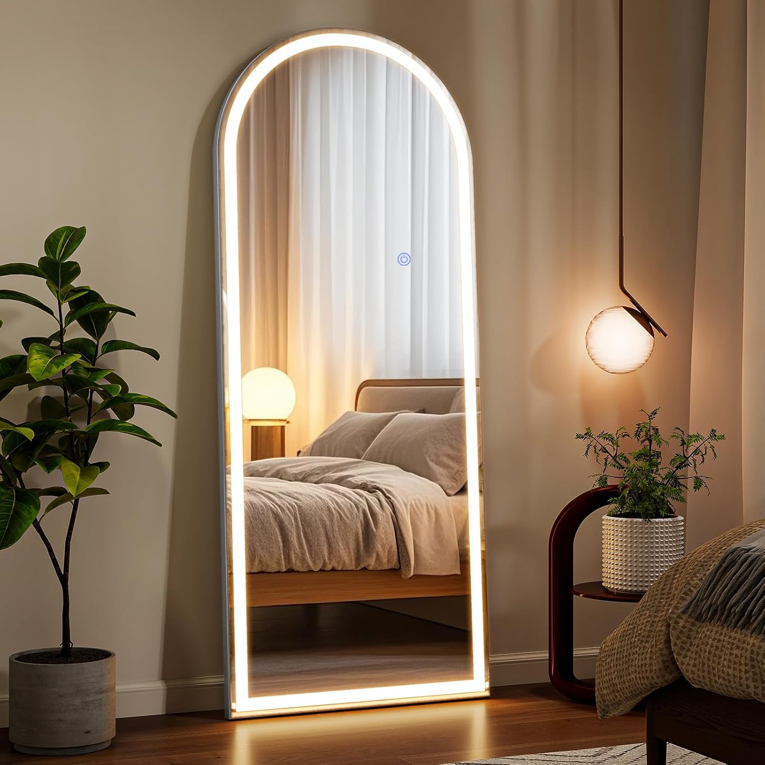 56"x21" LED Mirror Full Length - Arched Floor Body Mirror with Dimmable Lights - 3 Color Modes, Standing Leaning Wall Mounted for Bedroom, Dressing Room