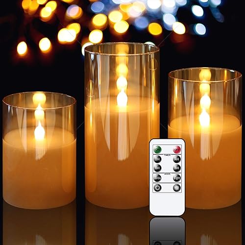 GenSwin - Velas LED sin flama, en recipiente de vidrio, con control remoto de 10 teclas (funciona con pilas)