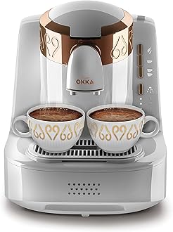 ARZUM OKKA Automatic Turkish Coffee Machine with Patented Foam Technology | Auto-Altitude Detection, Slow Brew (4-Min), 2-Cup, White/Copper. 1 Year Manufacturing Warranty