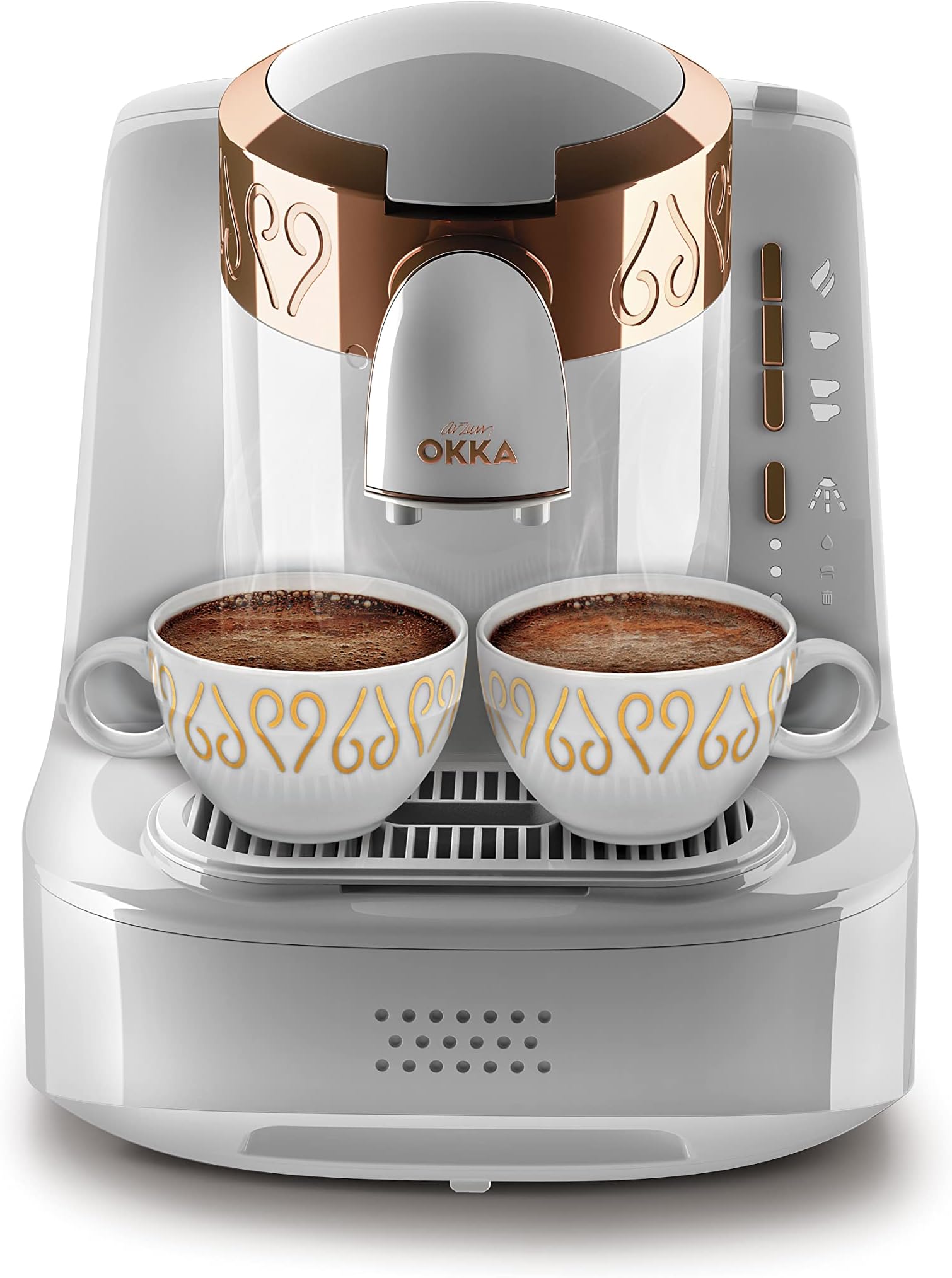 OKKA Automatic Turkish Coffee Machine with Patented Foam Technology | Auto-Altitude Detection, Slow Brew (4-Min), 2-Cup, White/Copper. 1 Year Manufacturing Warranty