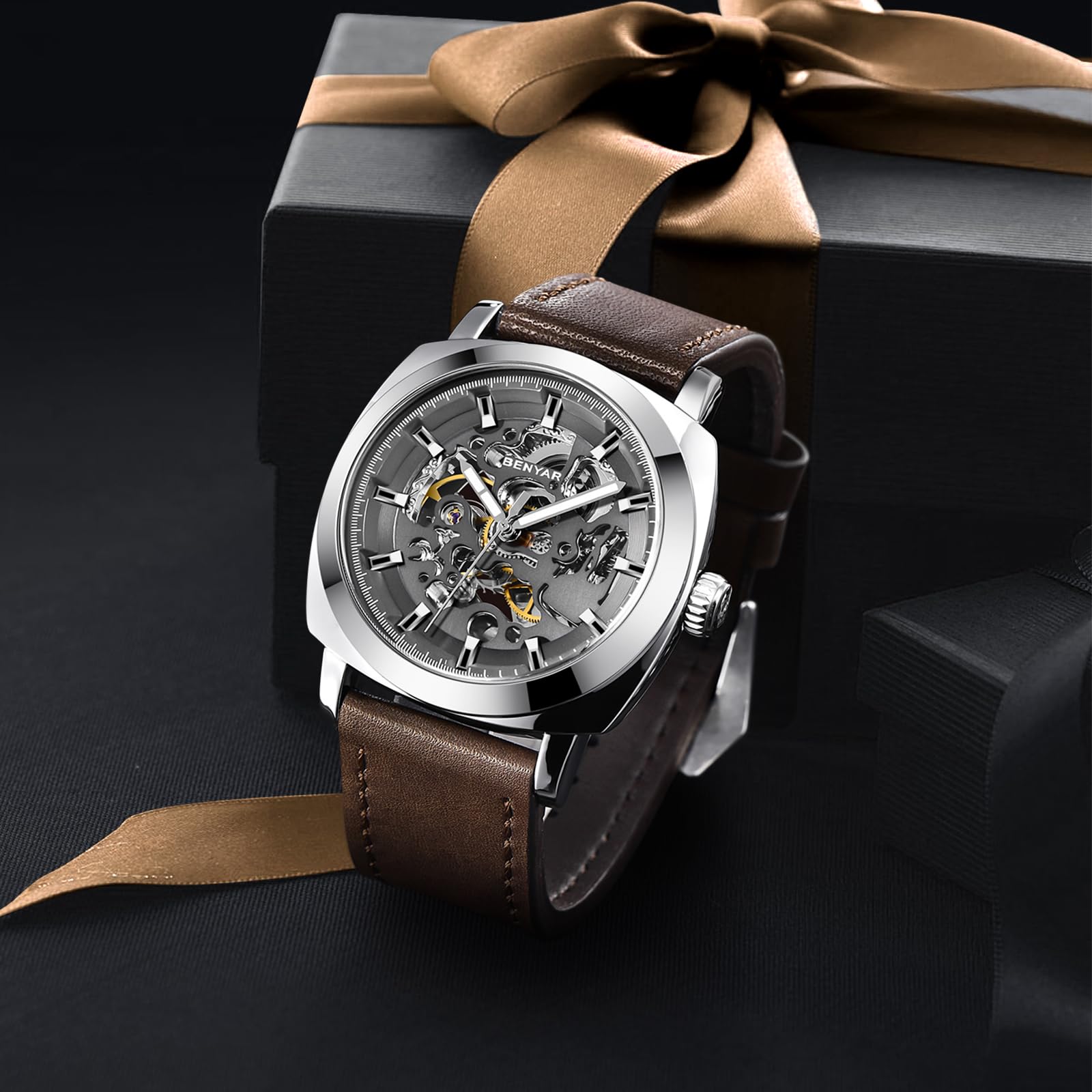 BENYAR - Montre mécanique Automatique pour Homme - Bracelet en Cuir - Mouvement doré - Cadran Squelette de 45 mm - Résistant à l'eau et aux Rayures - Cadeau élégant pour Homme