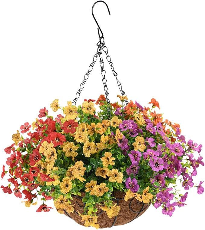 ZFProcess Artificial Silk Flowers in Hanging Basket Outdoor Indoor Patio Lawn Garden Decor