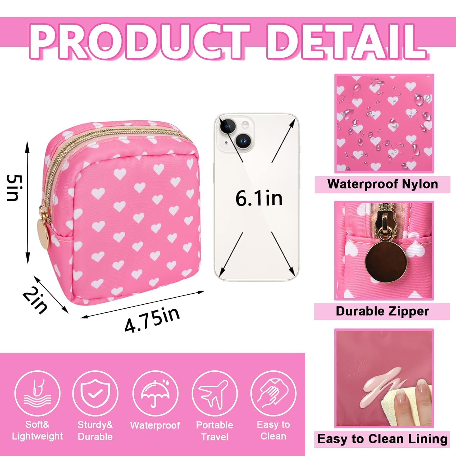 Mini Makeup Pouch for Purse, Small Cosmetic Bag Pouch Nylon Travel Toiletry Organizers for Women Girls, Cute Storage Zipper Pouch Coin Purse for School Work Camping(Mini-Pink Heart) - Image 2