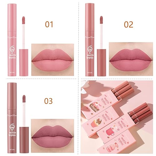 Miniatura 2 de Juego de 3 pintalabios mate color nude, de larga duración, impermeables, antiadherentes, brillo labial, lápiz labial mate para mujeres