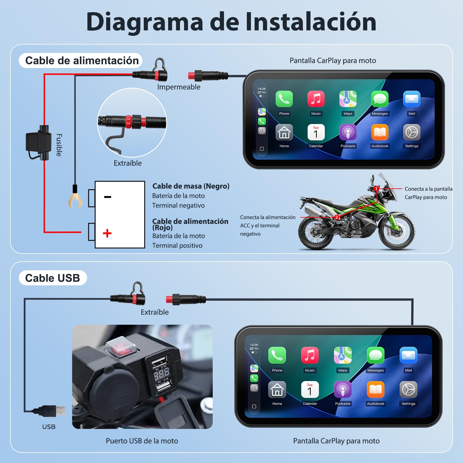 A622 Pantalla Moto CarPlay 6" Táctil, CarPlay y Android Auto Inalámbricos, IP67 Impermeable, TPMS, Bluetooth Dual, GPS, Alimentación USB/Acc, Compatible con Todas Las Motos
