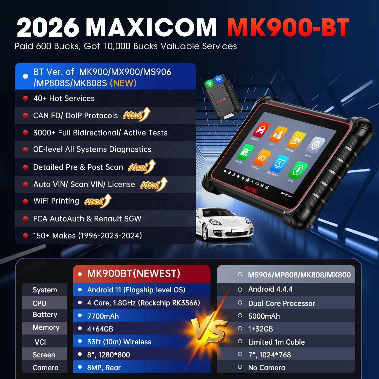 Autel MaxiCOM MK900BT Diagnosis Coche Multimarca, 2026 MK900 BT Igual Que MK900 MK808S MK808BT Pro, Maquina Diagnosis Coche como MP900BT MX900, 3K+ Prueba Activa, 40+ Servicio, Can FD DOIP, Todo SIS