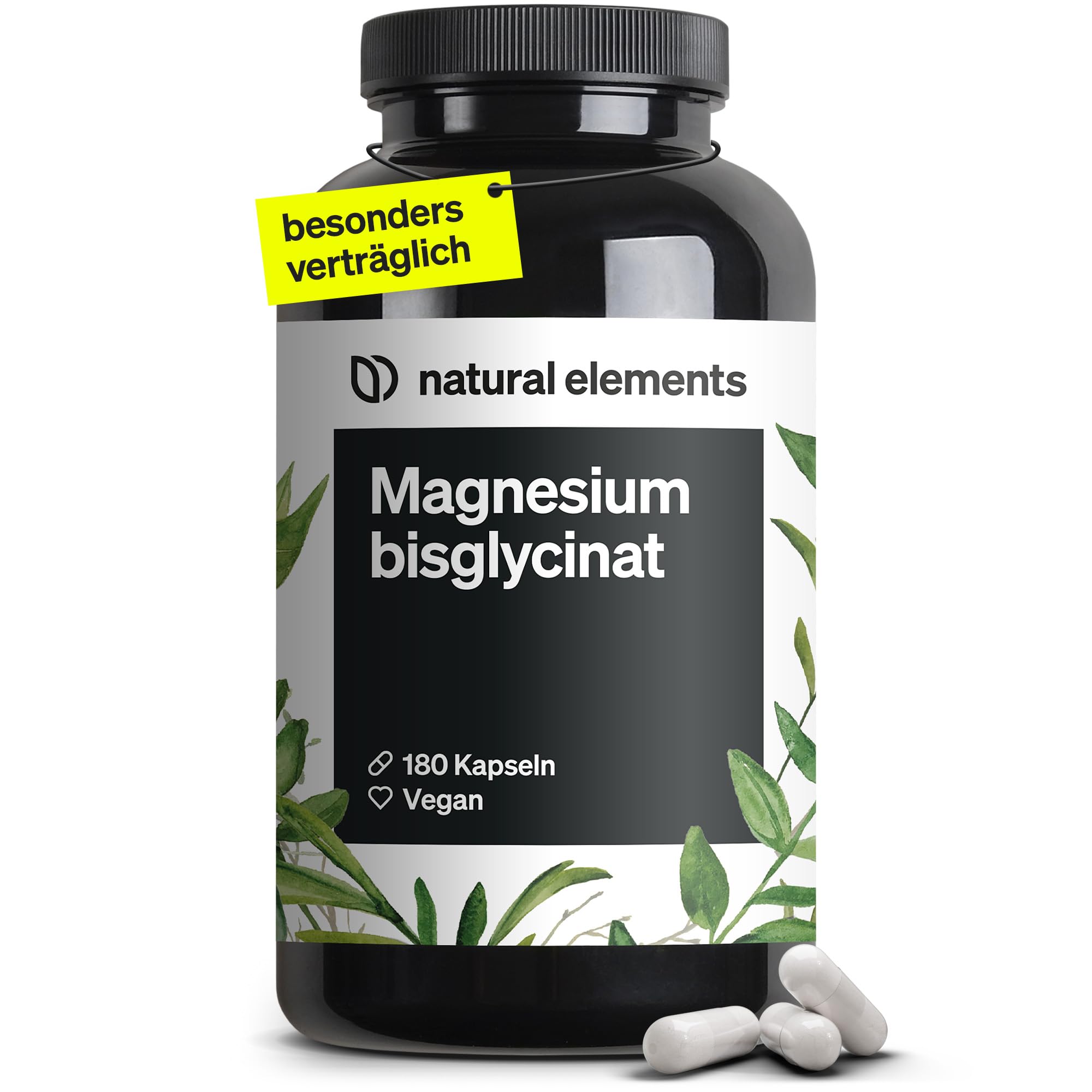 natural elements Magnesiumbisglycinat - Premium: Chelatiertes Magnesium - 180 Kapseln - 300mg elementares Magnesium pro Tagesdosis - Laborgeprüft, vegan, hochdosiert