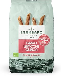 Sgambaro Bio Pasta Penne Rigate N.91-500 g mit Dinkelmehl, Linsenmehl und Quinoamehl – Hoher Proteingehalt, Quelle von Ballaststoffen und Eiweiß