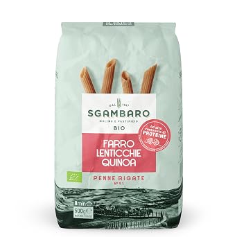 Sgambaro Organic Pasta Penne Rigate N.91-500 g with Spelt Flour Lentil Flour and Quinoa Flour - High Protein Content Source of Fibre and Protein