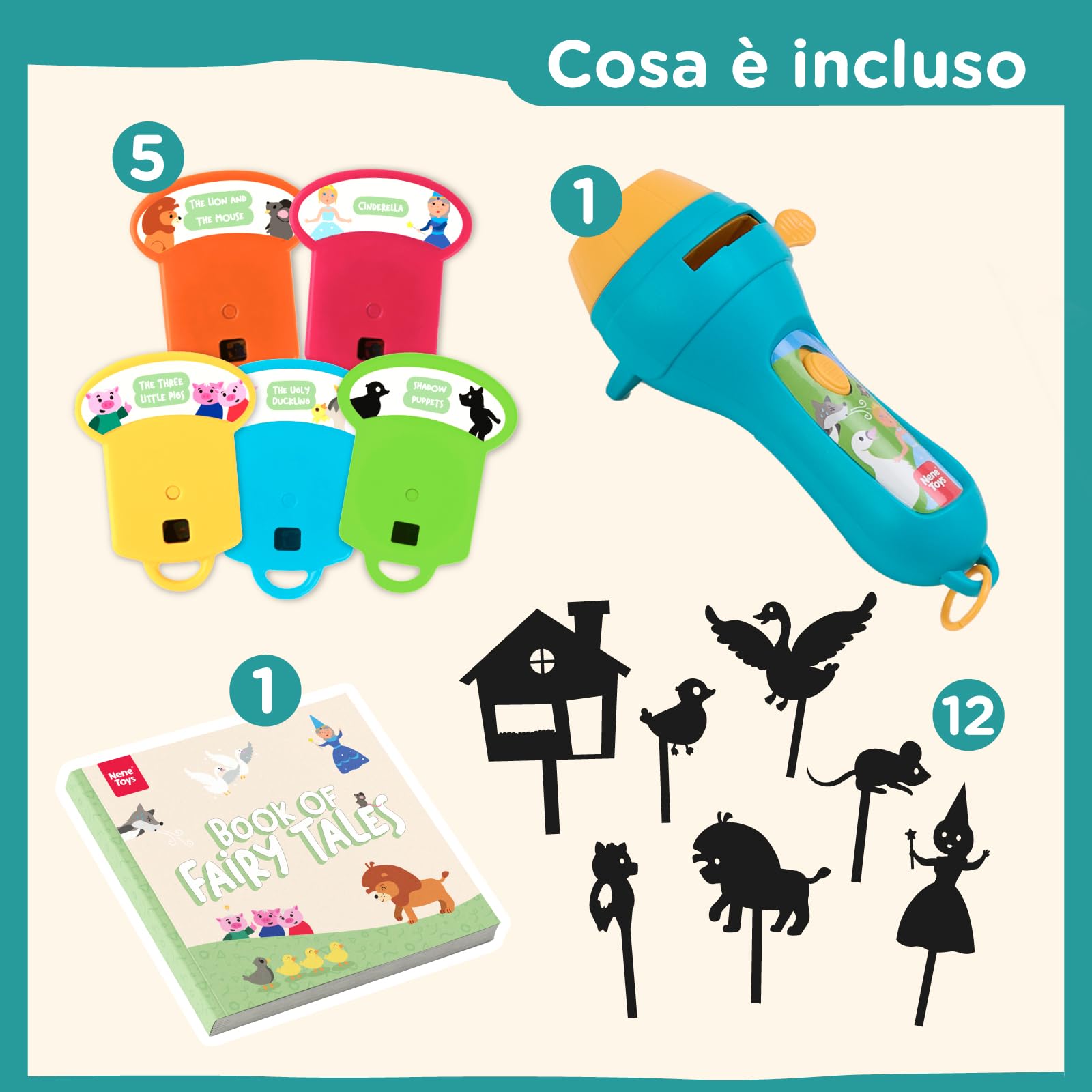 Nene Toys Libro di Fiabe con Proiettore a Torcia & Marionette delle Ombre per Bambini dai 3 Anni in su – 4 Storie Classiche in 5 Lingue, Set per la Lettura della Buonanotte