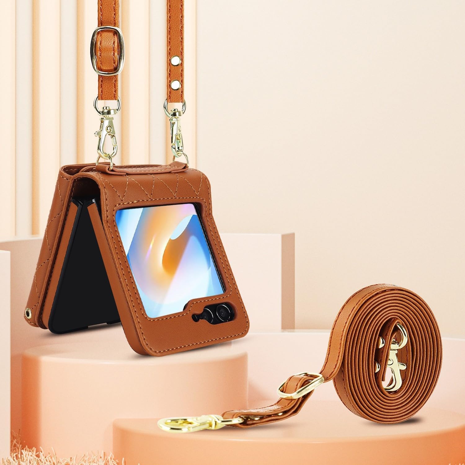 for Samsung Galaxy Z Flip 6 Accordion Crossbody Wallet Case, 4 Card Slots, RFID Blocking, and Adjustable Strap - Stylish and Versatile Accessory for The Modern Chic Woman (Brown)