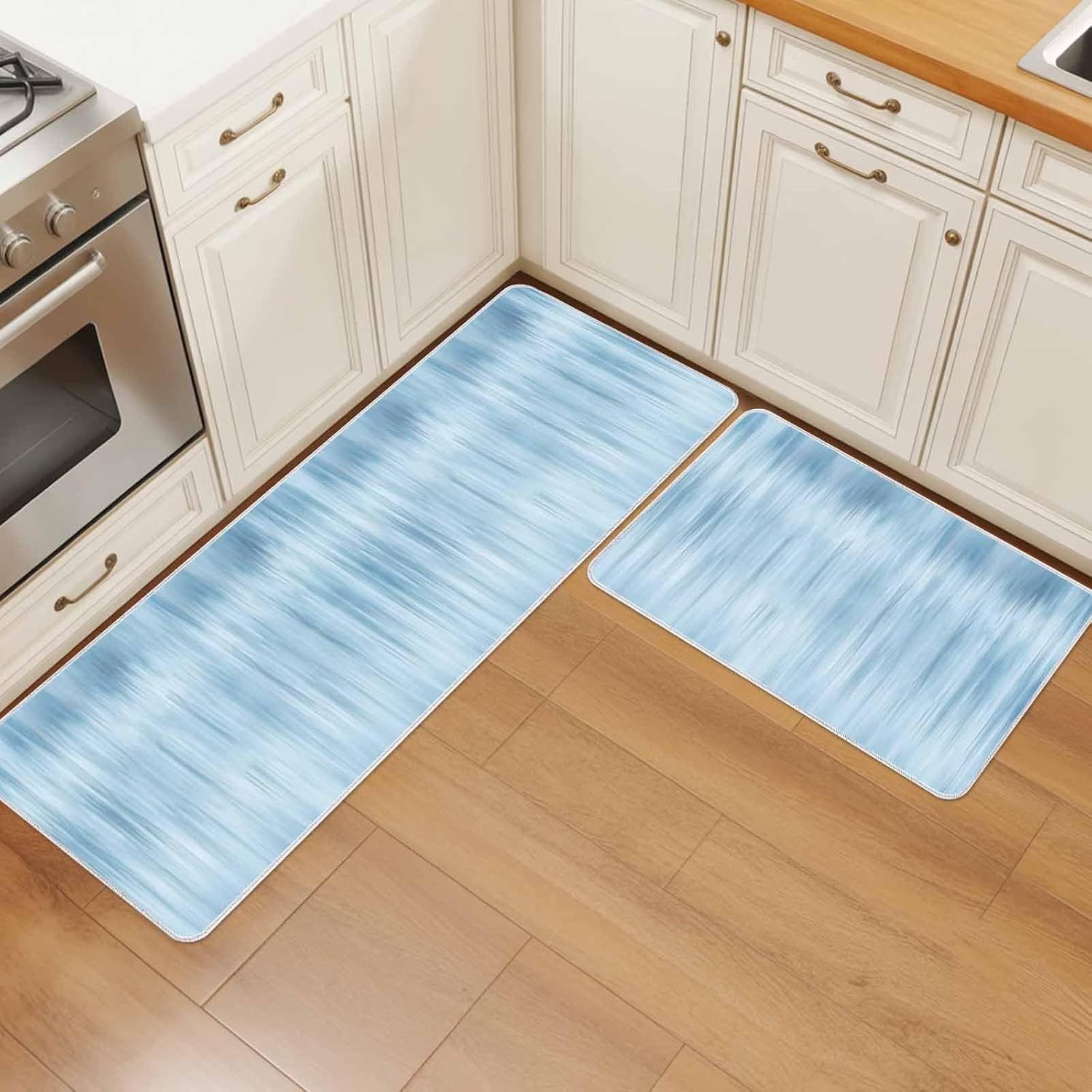 Gradient Blue Gray Texture Kitchen Rug and Mat,Washable Floor Mats Standing Cushioned Set of 2,Aesthetic Minimalist Art Slip-Proof Doormat Runner Rugs for Indoor Bathroom Laundry Sink
