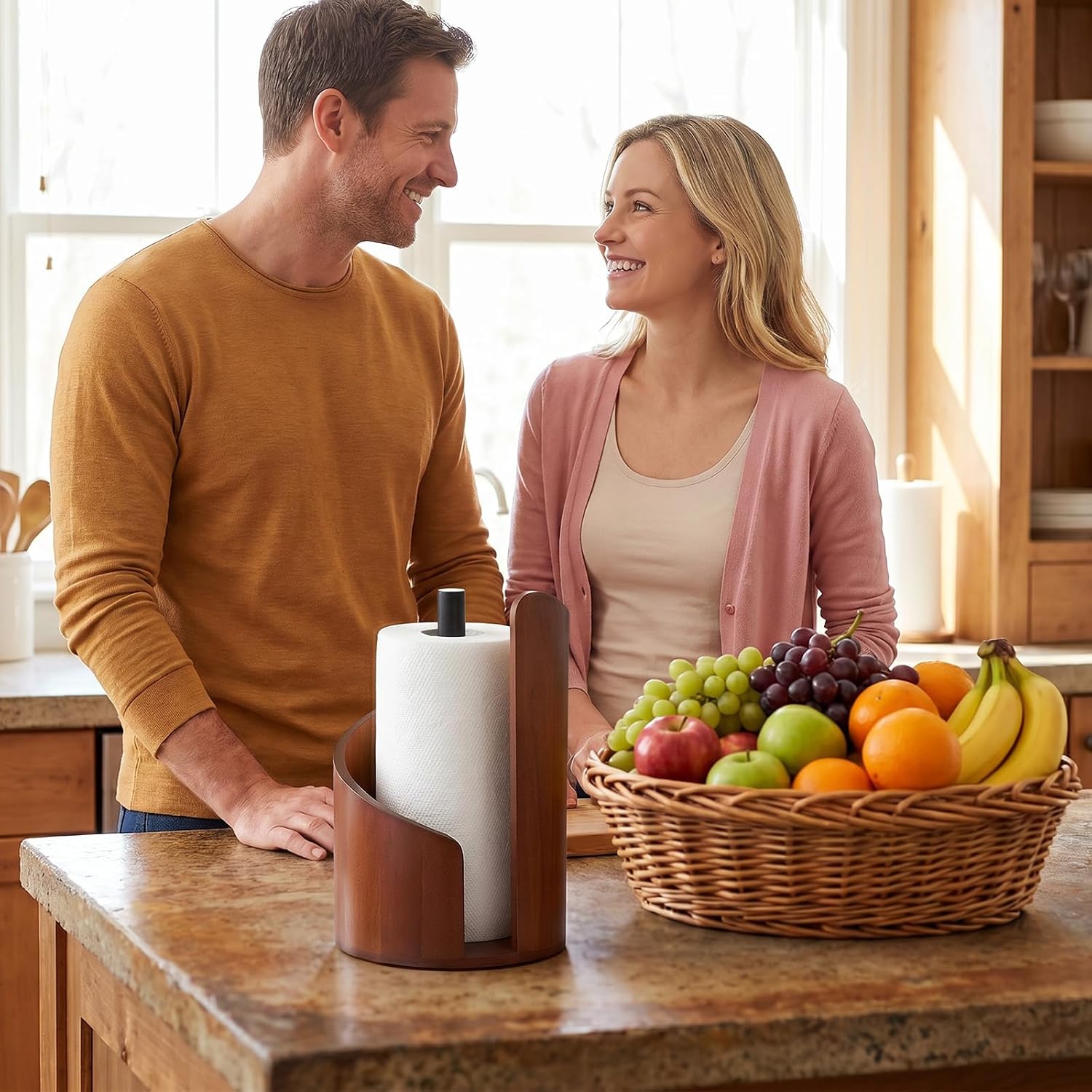 Paper Towel Holder, Natural Mango Wood Countertop Stand | for Jumbo Rolls with Wood Round Base Wooden Paper Towel Holder for Kitchen Dining Table Home Decor, Fits Small Rolls
