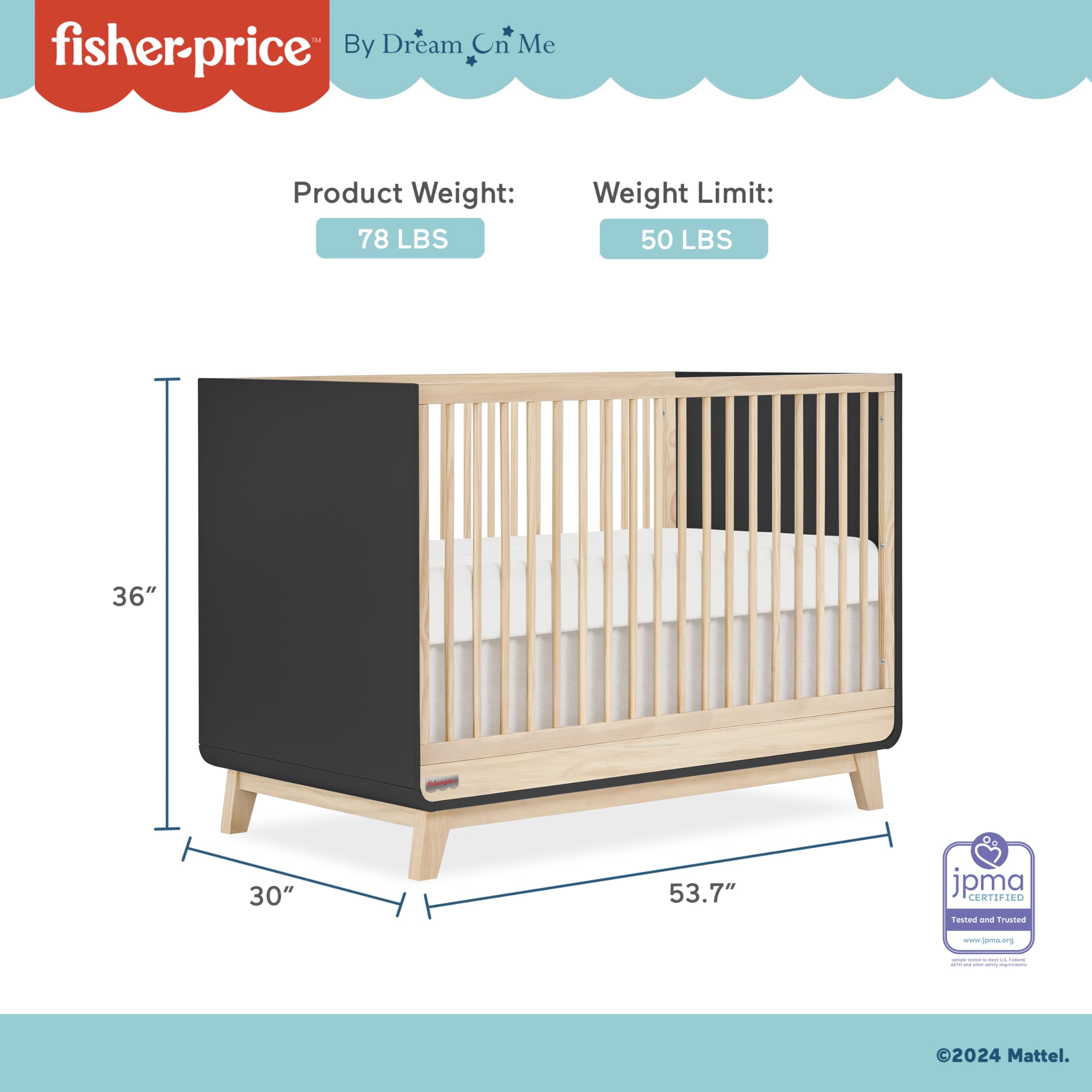Dream On Me Fisher-Price Siesta 3-in-1 Convertible Crib, Matte Black Vintage Oak (Guard Rail Included)