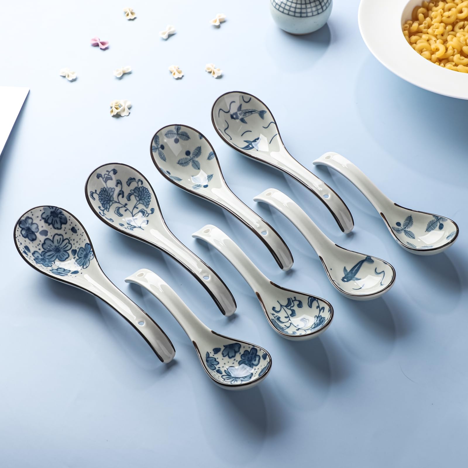 Asiatische chinesische Suppenlöffel aus Keramik, 8 Stück, Porzellan-Ramenlöffel, Esslöffel für Miso Pho Knödel, Müsli (8, S4+M4)