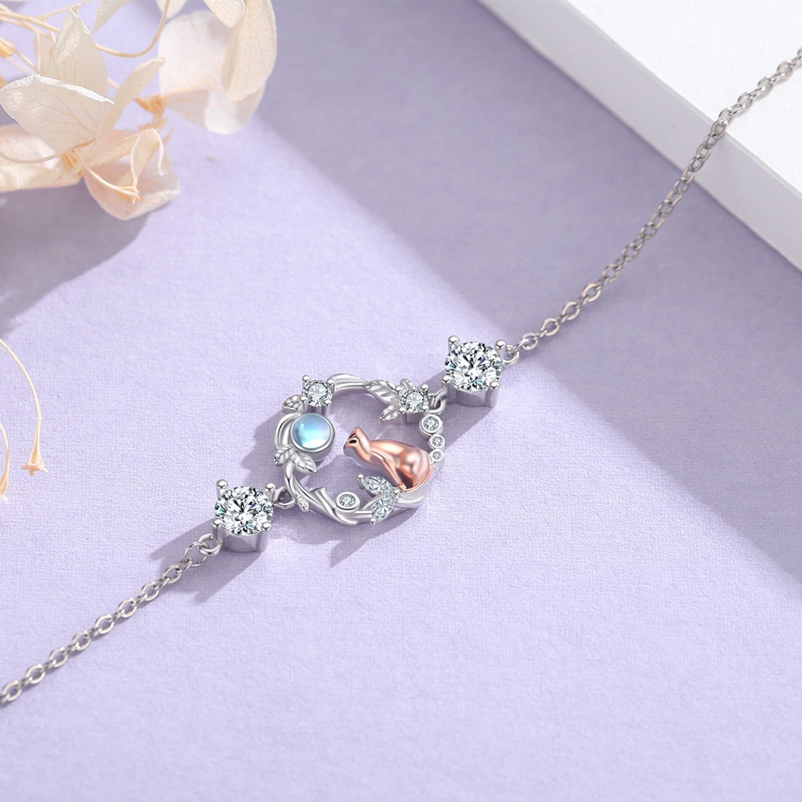 Pulsera de gato de plata de ley 925 para mujer, plata con piedra lunar y gatos, regalo para mujeres, amantes de los gatos y regalos para madres, Plata de ley