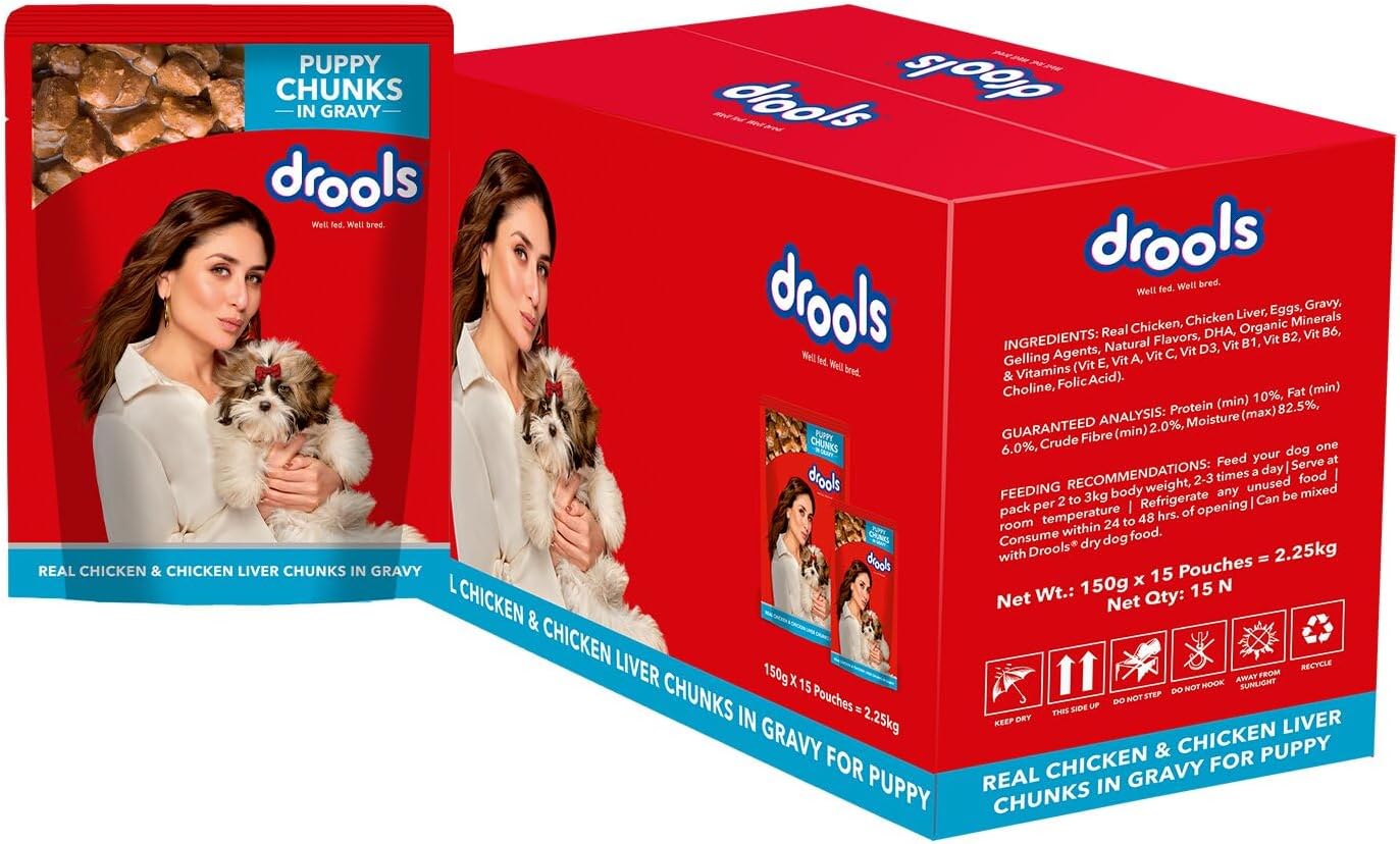 Drools Puppy Wet Dog Food 2.25kg (150g x 15 Packs) | Real Chicken & Chicken Liver Chunks in Gravy | Better Digestibility & Overall Health | Supports Healthy Skin & Coat | Maintains Joint Health