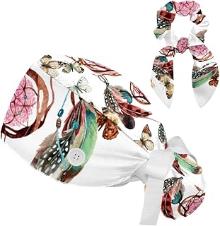 FVQL 2 Pieces Surgical Cap for Long Hair Scrub Cap with Hairband Nurse Cap, Dream Catcher and Feather Butterflies