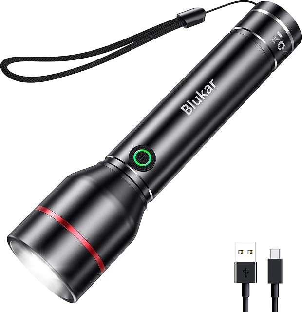 LED Torch Rechargeable, Blukar Super Bright Adjustable Focus Flashlight with 5 Lighting Modes, Long Battery Life, IPX6 Waterproof Mini Tactical Torches for Power Cuts, Emergency [USB C Cable Included]