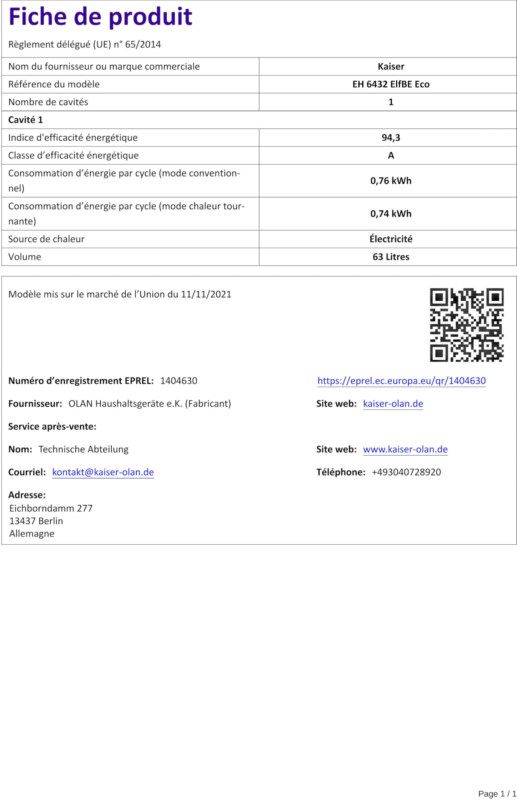 Four Encastrable - Kaiser - EH 6432 ElfBE - 68 L - Autonome - Énergie A