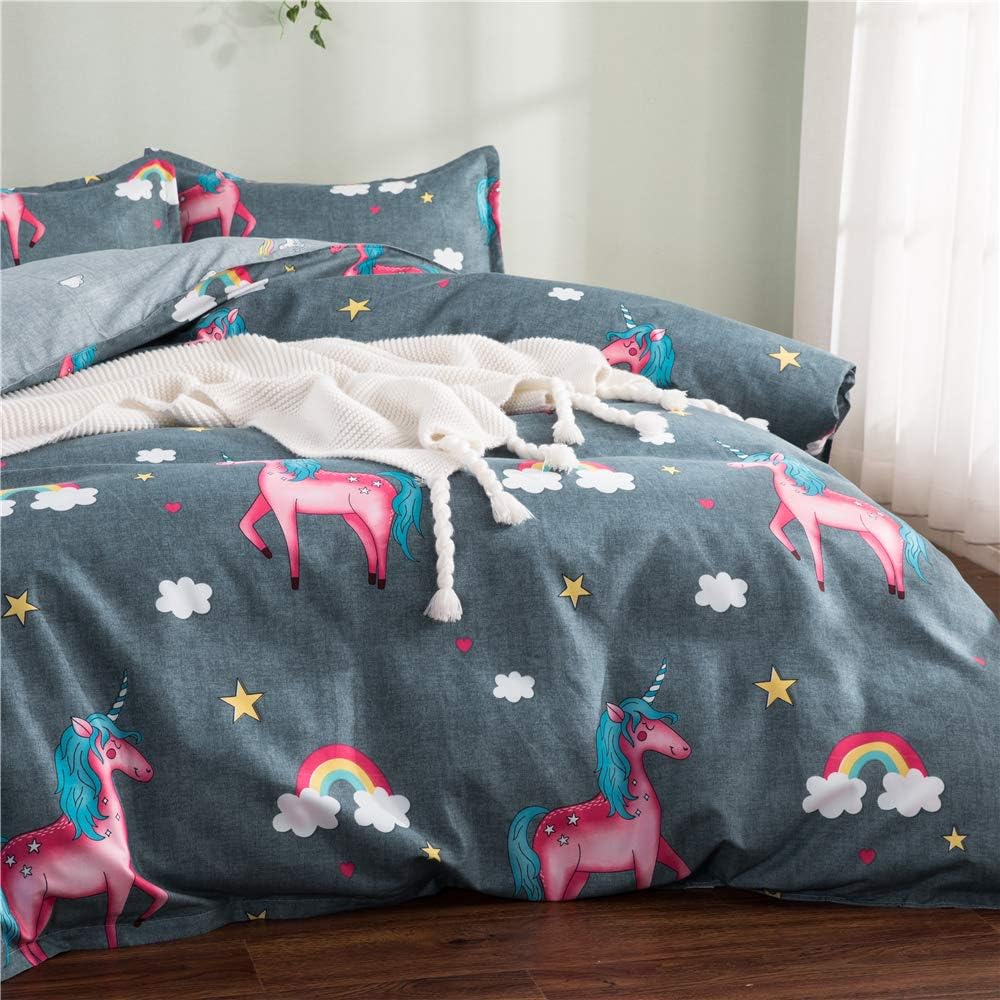 DeerHome Soft Children Duvet Cover Set Unicorn Pattern Reversible Boys Girls Bedding Set 3 Pieces with 2 Pillow Cases Best Bedding Gifts for Kids
