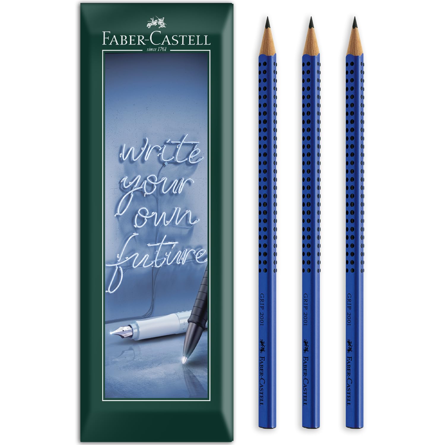 Faber-Castell Grip 2001 Triangular Graphite Pencil - B Grade Lead - Envelope Gift Pack of 3 Pencils (Blue)