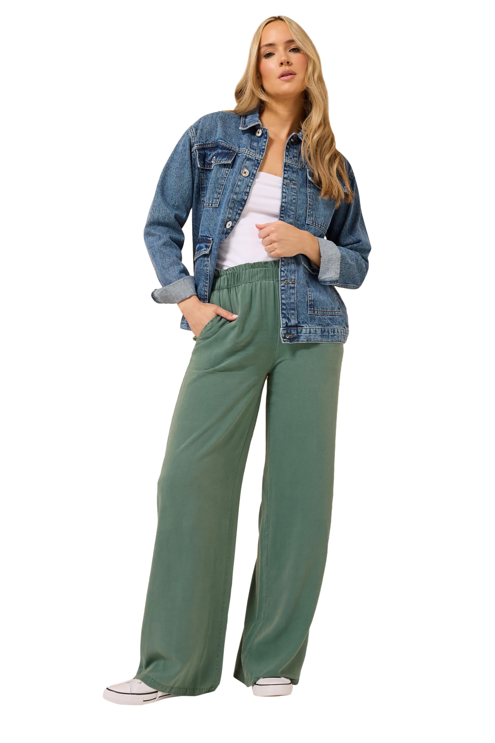 Long Tall Sally Women's Tall Acid Wash Wide Leg Trousers in Light Khaki | Size: 14XL