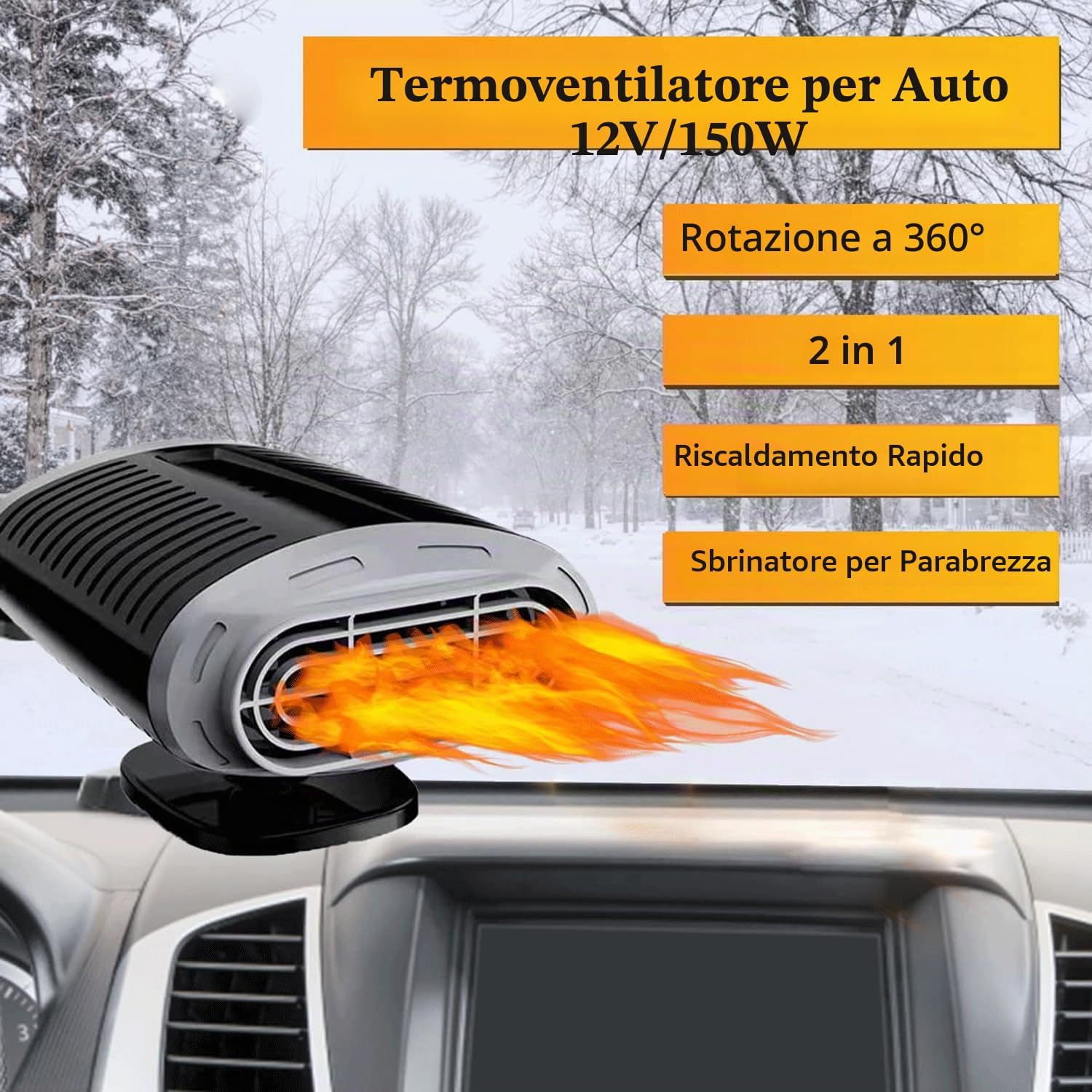 Riscaldatore per auto, portatile, 12 V, 150 W, riscaldamento e sbrinatore con rotazione a 360°, 2 in 1, riscaldamento e disappannamento auto, con funzione di riscaldamento e climatizzazione, con presa