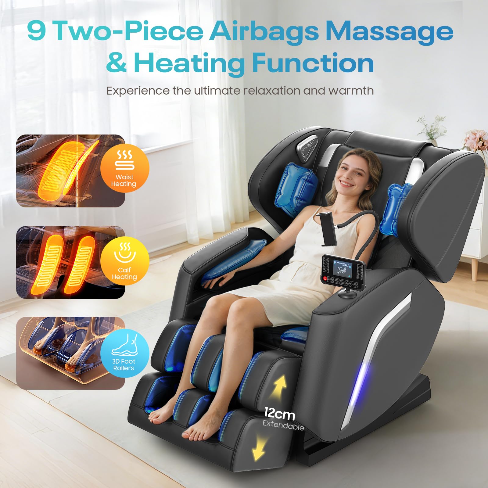 Sillón de Masaje con Función de Calor, 14 Rodillos, 9 Bolsas de Aire, Masaje de Pies,Altavoz Bluetooth, Control por Teléfono Inteligente, Panel Táctil, Sillón Reclinable de Gravedad Cero