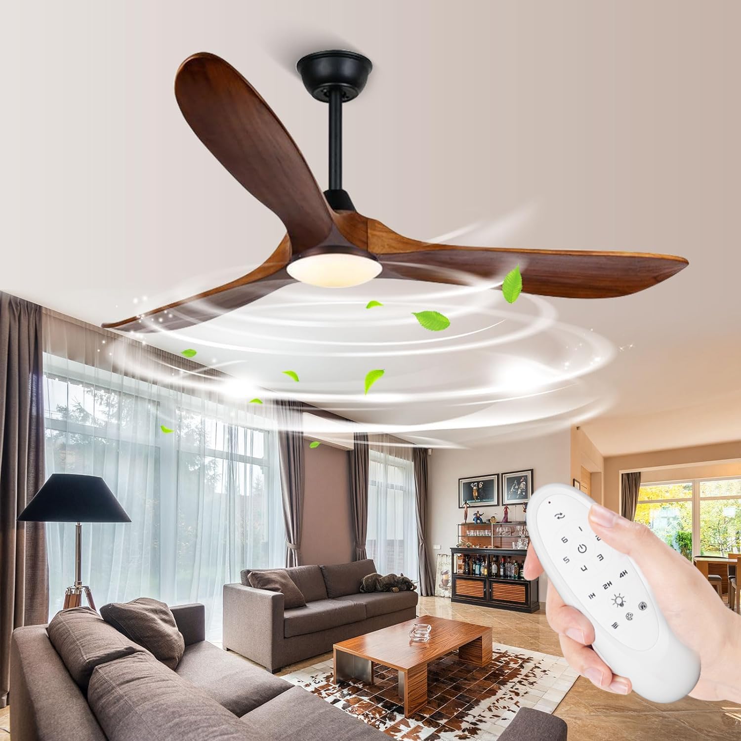 60 inch Outdoor Ceiling Fan for Patios with Light, Farmhouse Rustic Ceiling Fans with Lights, 3 Blades Wood Ceiling Fan Damp Rated Large Airflow Propeller Ceiling Fan for Exterior House Porch Gazebo