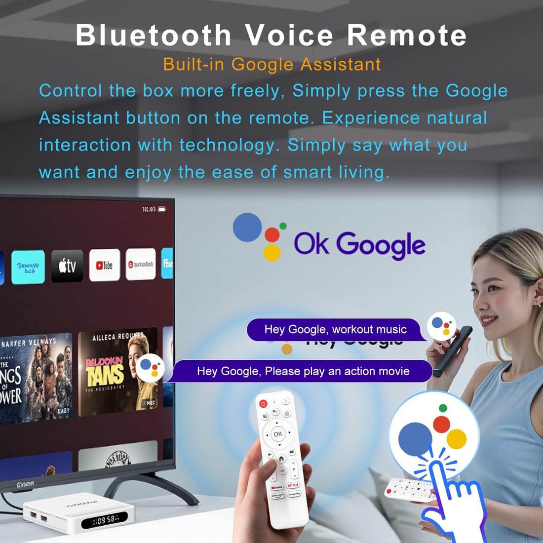 Image of the LEFFOT H618 Plus voice remote control with Google Assistant, showing a user interacting with the TV using voice commands.