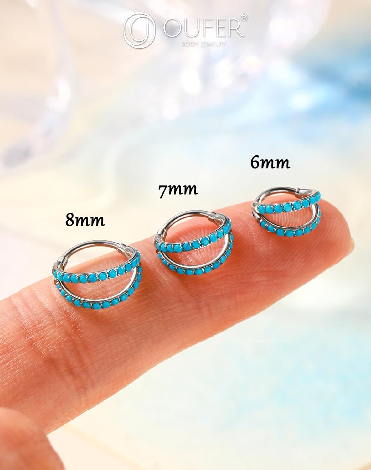 OUFER Turquoise Nose Rings for Women, 316L Surgical Steel 20G Double Hoop Nose Piercing Jewelry, Hinged Segment Septum Lip Eyebrow Rings Cartilage Conch Rook Helix Tragus Daith Earrings-6/7/8MM - Image 6