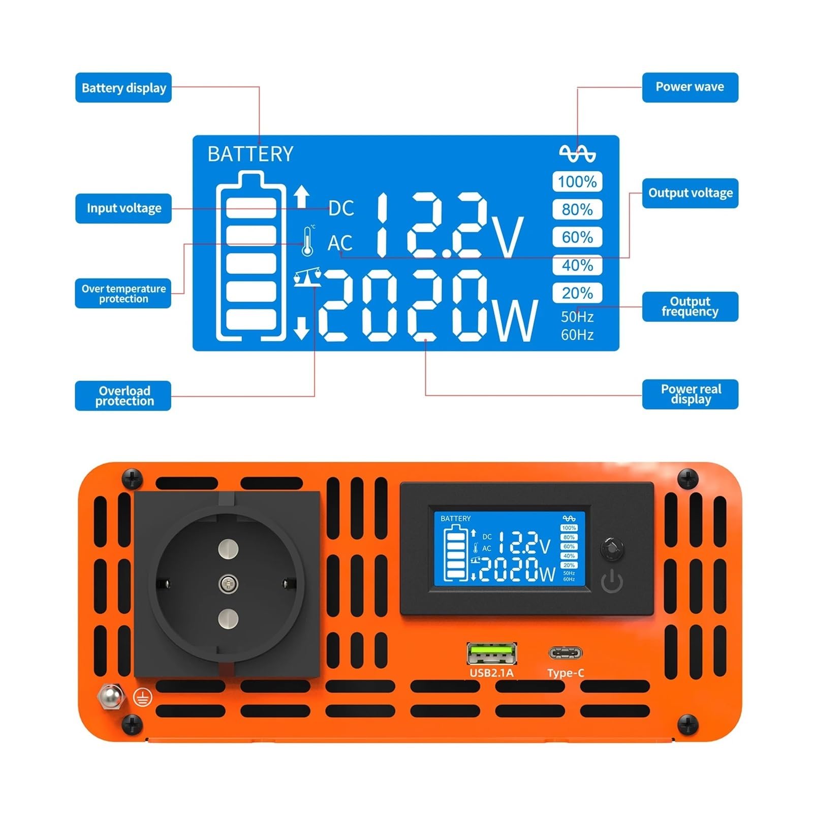 Inversor De Onda Sinusoidal Pura CC 12 V 24 36 48 60 72 A CA Potencia Continua con LCD MúLtiples Protecciones(1000W,72V)