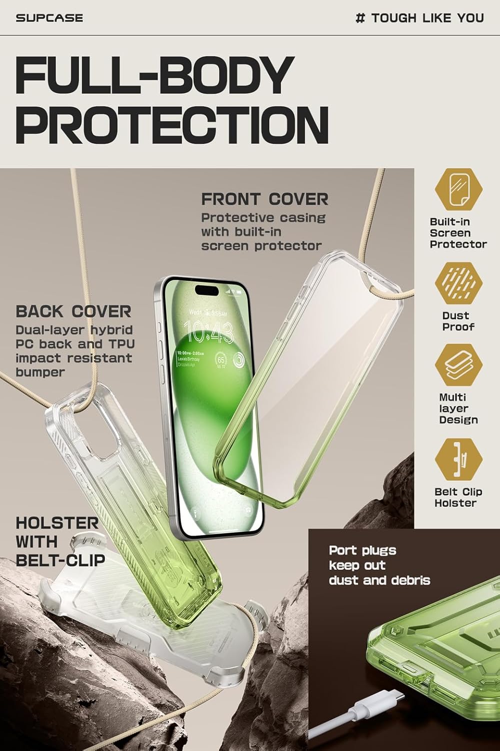 SUPCASE for iPhone 15 Pro Max Case with Screen Protector (Unicorn Beetle Pro), [Built-in Stand & Belt-Clip] [Military-Grade Protection] Full Body Heavy Duty Phone Case, GradGreen - Image 4