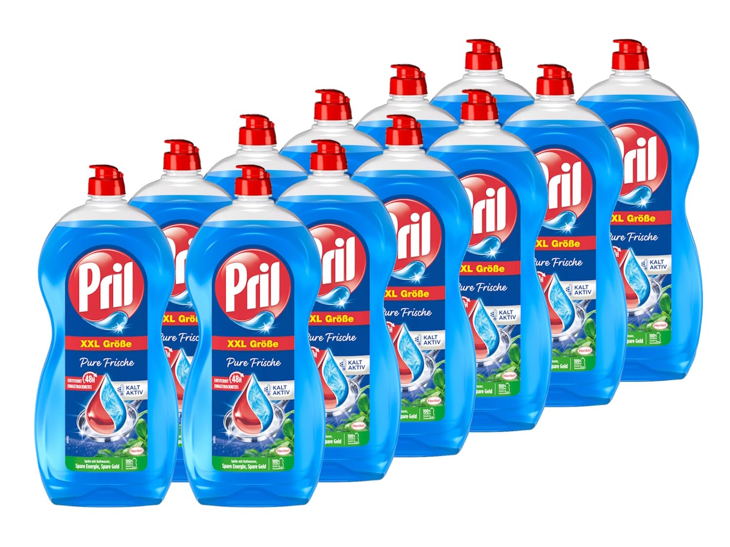 Pril Original Pure Frische 12x 1,2 l, Handgeschirrspülmittel mit höchster Fettlösekraft, für sauberes Geschirr auch in kaltem Wasser, frischer Duft