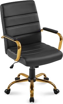 Yaheetech Black and Gold Office Chair Mid Back PU Leather Rocking Desk Seat