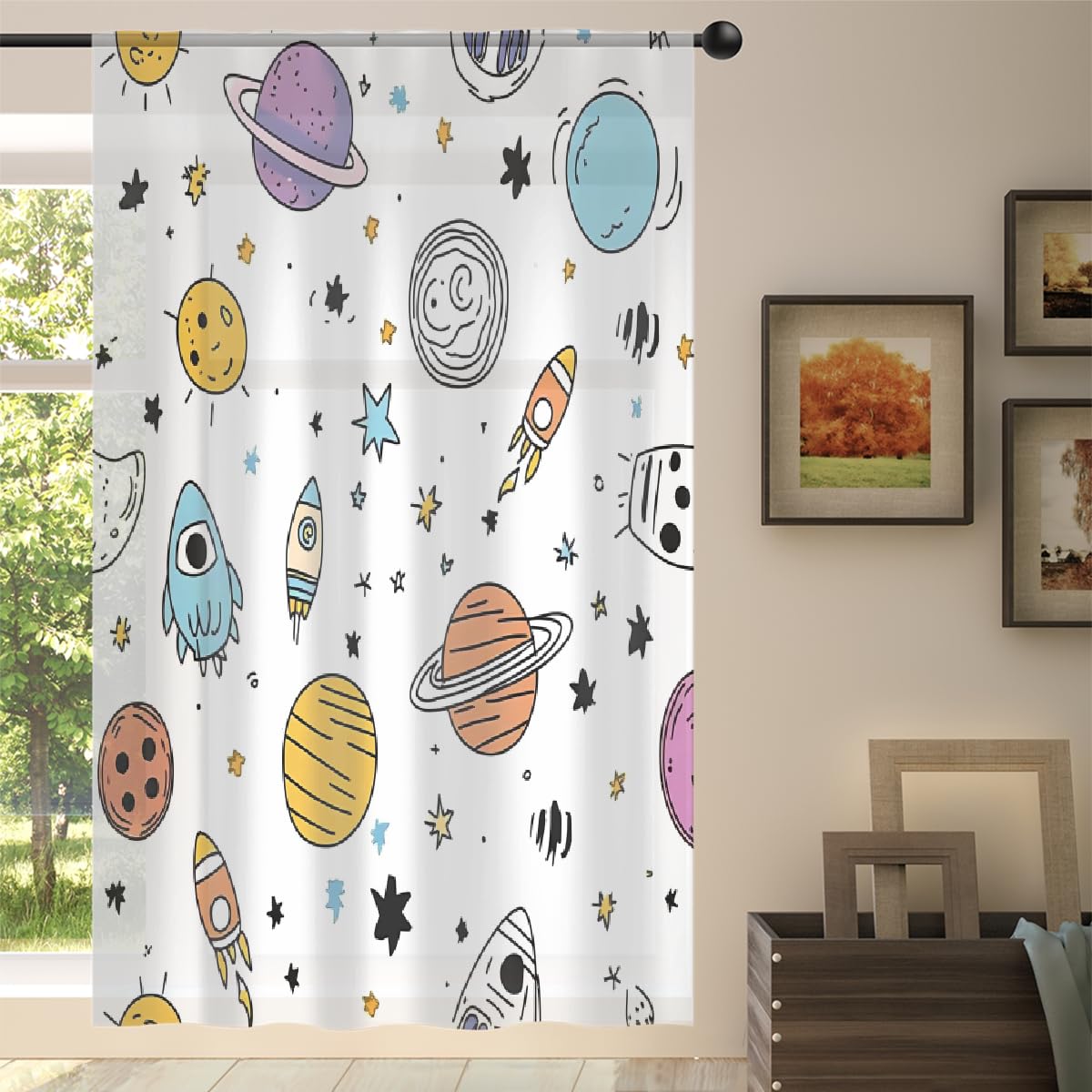 Mexpekil Cortinas de gasa semitransparentes con diseño de planetas y cohetes de dibujos animados del universo de 78 pulgadas de caída, para sala de estar, dormitorio, cocina en casa, 55 pulgadas de